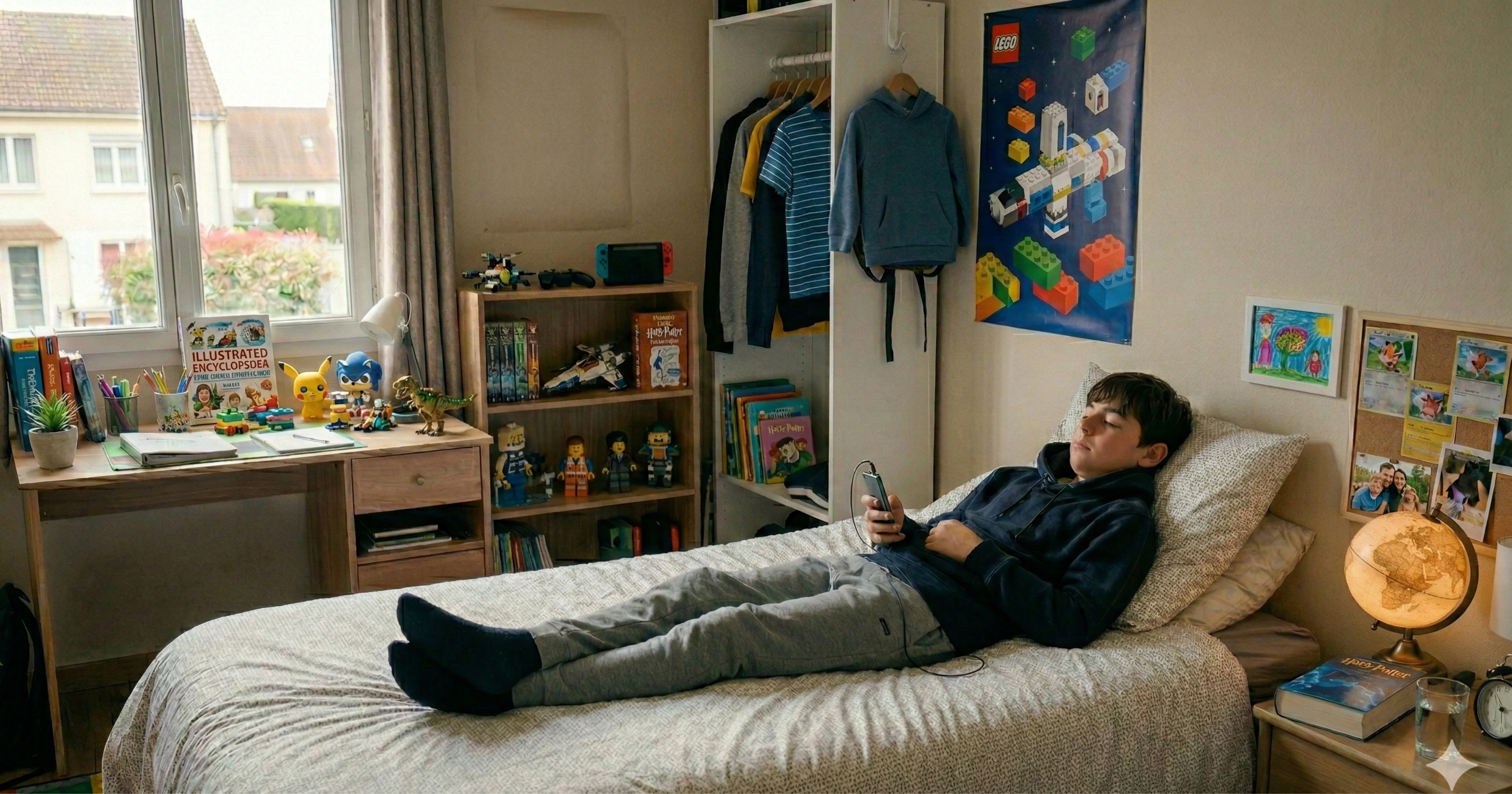 Ado allongé lit chambre rangée écouteurs - trier chambre adolescent avec lui organisation respectueuse autonomie home organiser