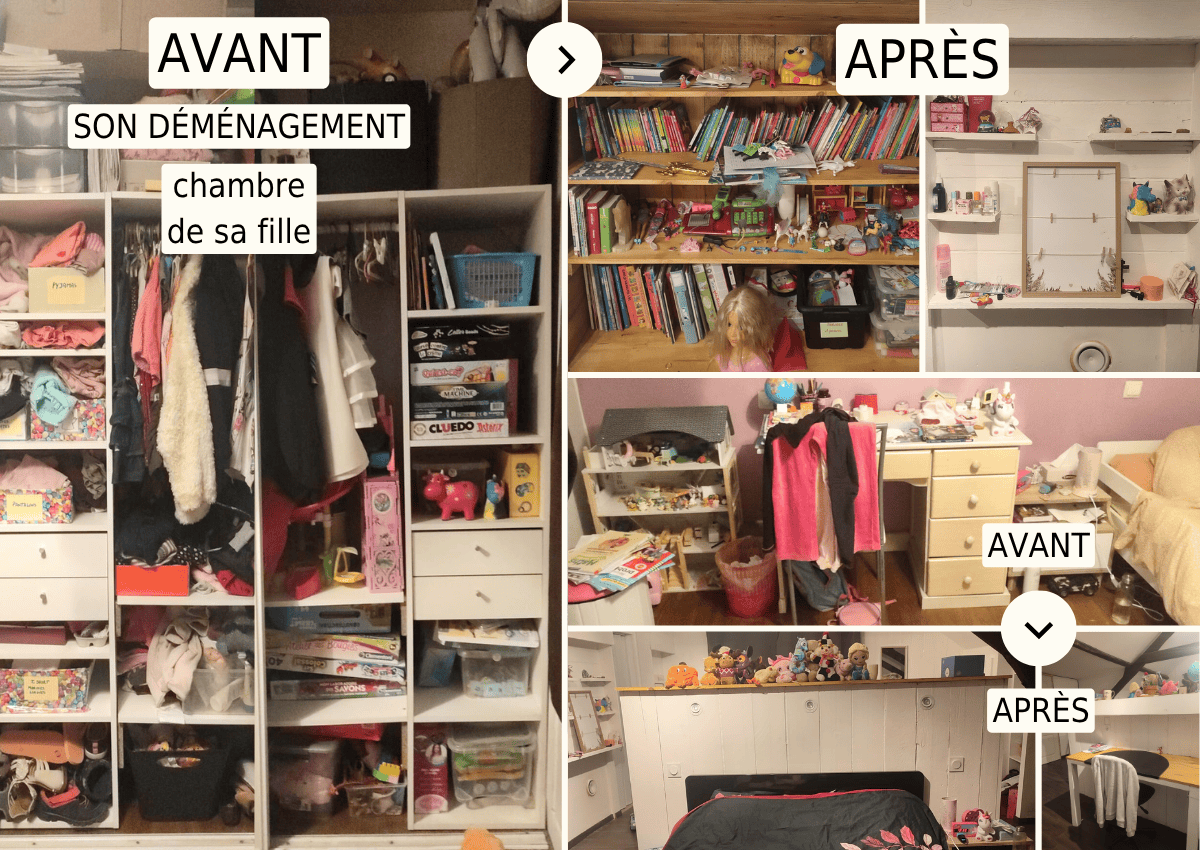 Désencombrement avant après déménagement chambre de la fille de Magalie