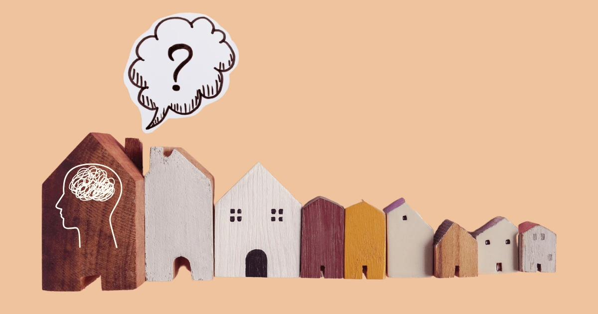 Image de maisons avec une tête tourmentée qui s'interroge